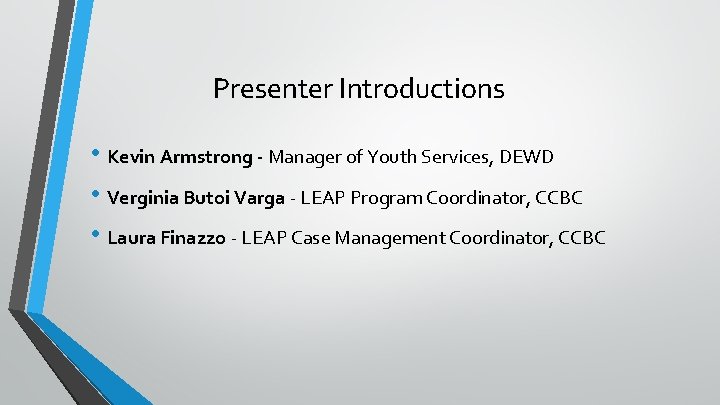 Presenter Introductions • Kevin Armstrong - Manager of Youth Services, DEWD • Verginia Butoi
