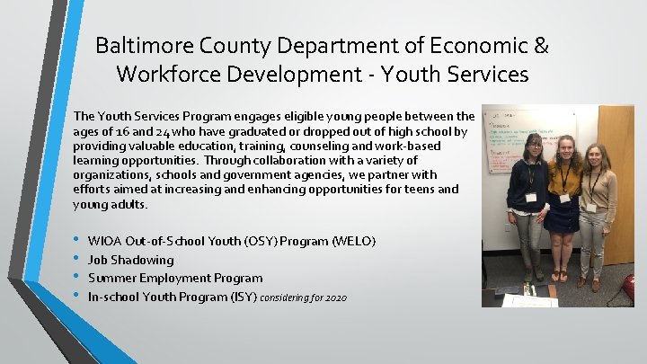 Baltimore County Department of Economic & Workforce Development - Youth Services The Youth Services