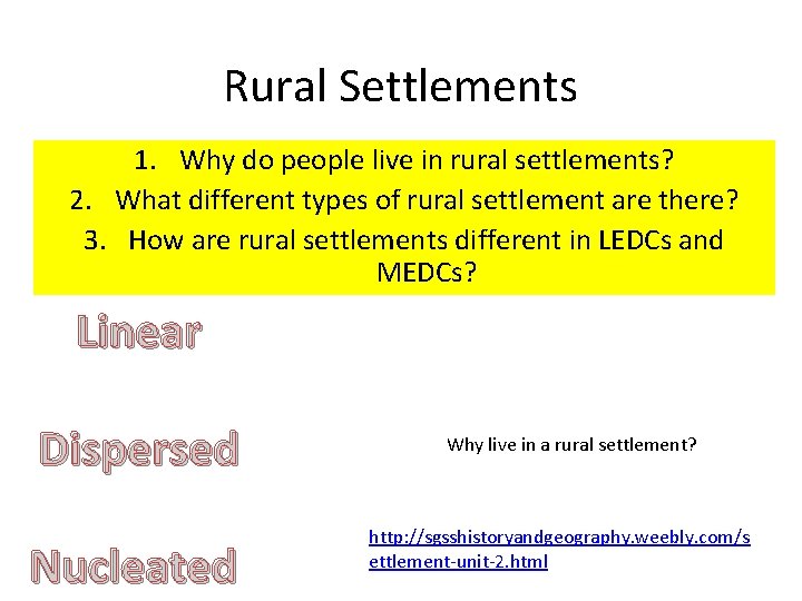 Rural Settlements 1. Why do people live in rural settlements? 2. What different types