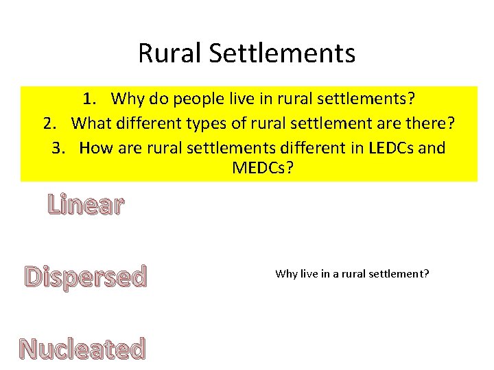 Rural Settlements 1. Why do people live in rural settlements? 2. What different types