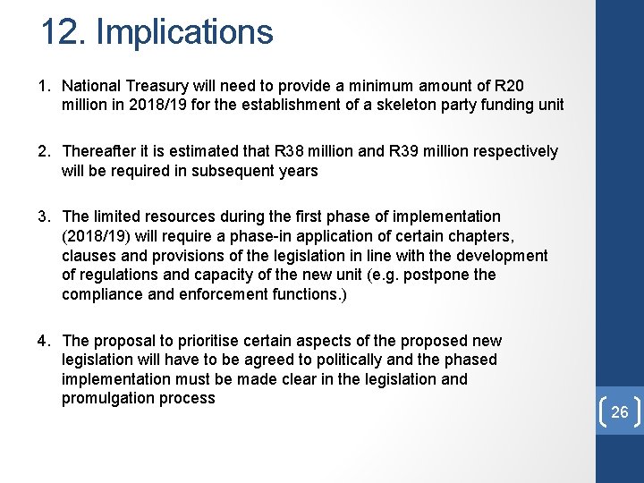12. Implications 1. National Treasury will need to provide a minimum amount of R