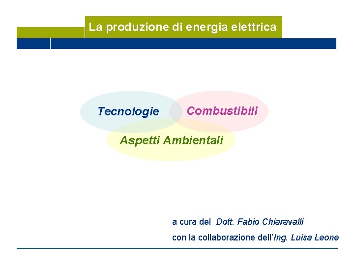 La produzione di energia elettrica Tecnologie Combustibili Aspetti Ambientali a cura del Dott. Fabio