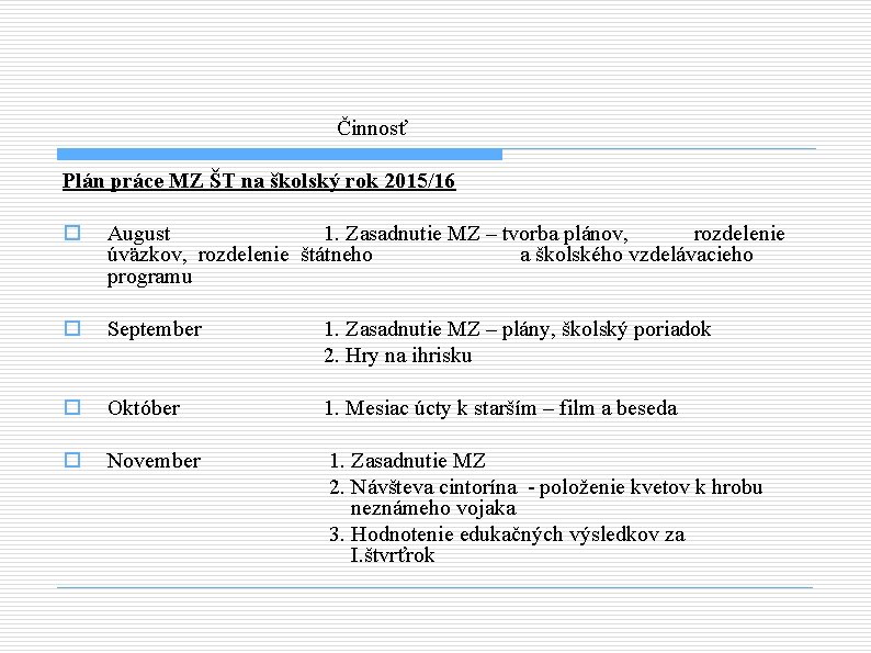 Činnosť Plán práce MZ ŠT na školský rok 2015/16 o August 1. Zasadnutie MZ