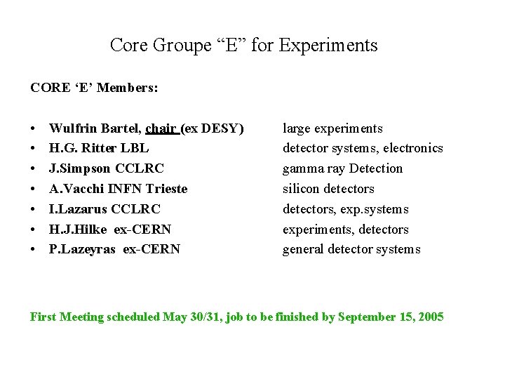 Core Groupe “E” for Experiments CORE ‘E’ Members: • • Wulfrin Bartel, chair (ex