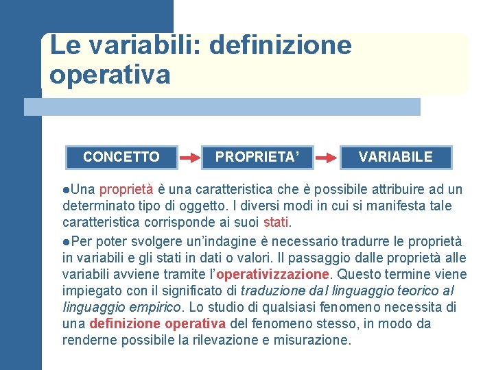Le variabili: definizione operativa CONCETTO l. Una PROPRIETA’ VARIABILE proprietà è una caratteristica che