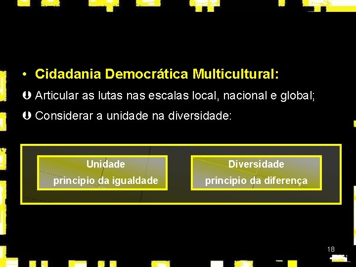  • Cidadania Democrática Multicultural: Þ Articular as lutas nas escalas local, nacional e