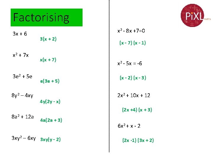 Factorising 3 x + 6 x 2 + 7 x 3 e 2 +