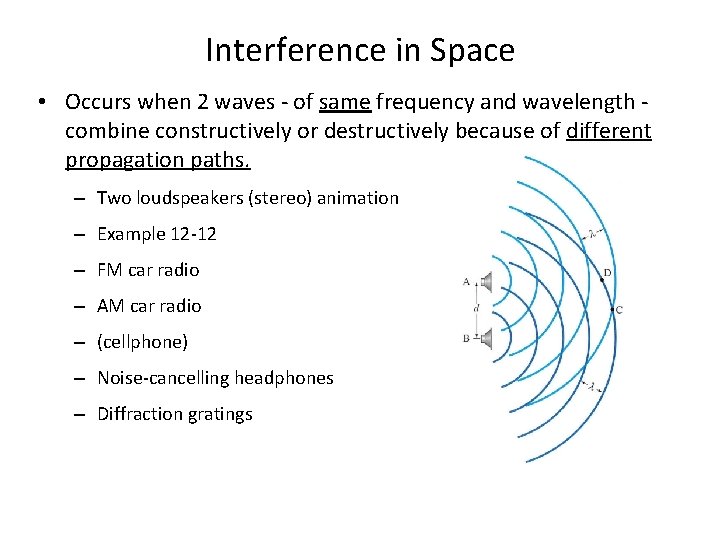 Interference in Space • Occurs when 2 waves - of same frequency and wavelength