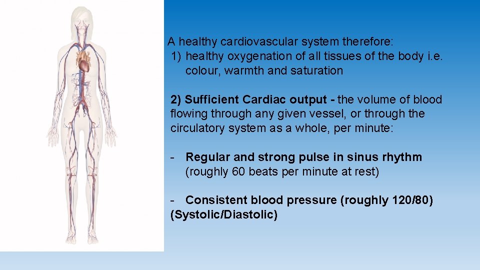 A healthy cardiovascular system therefore: 1) healthy oxygenation of all tissues of the body