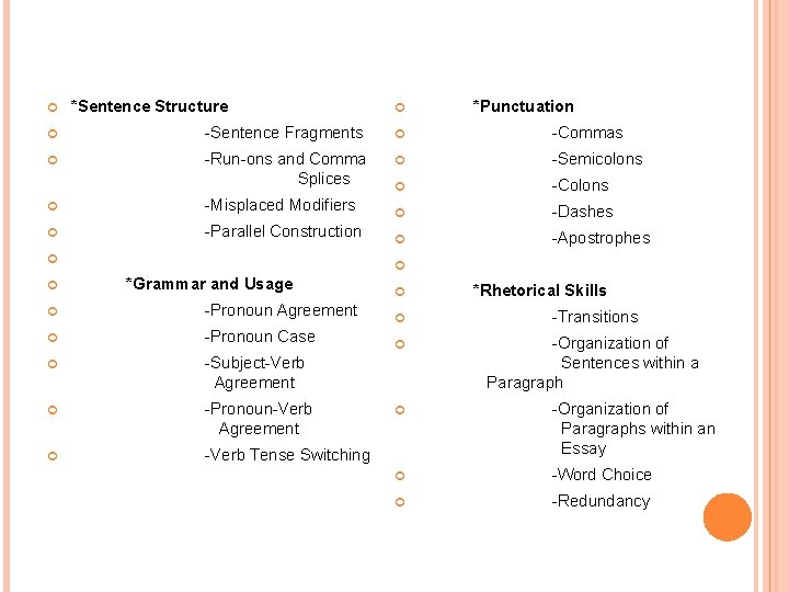 *Sentence Structure *Punctuation -Sentence Fragments -Commas -Run-ons and Comma Splices -Semicolons -Colons -Misplaced *Sentence Structure *Punctuation -Sentence Fragments -Commas -Run-ons and Comma Splices -Semicolons -Colons -Misplaced