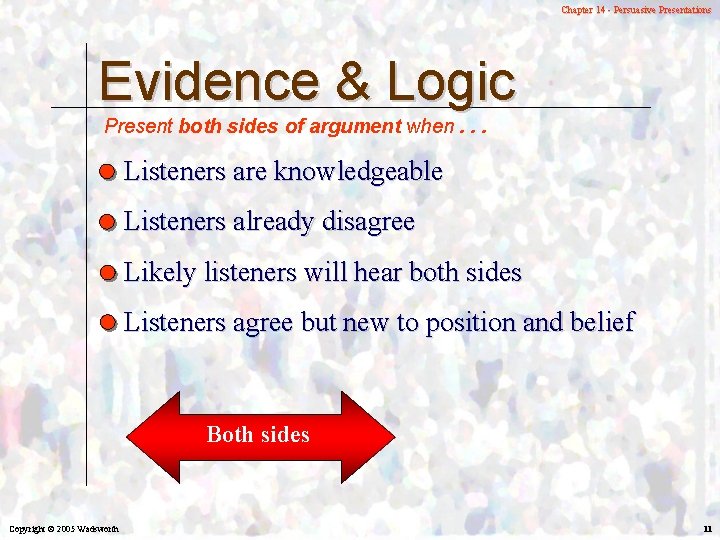Chapter 14 - Persuasive Presentations Evidence & Logic Present both sides of argument when.