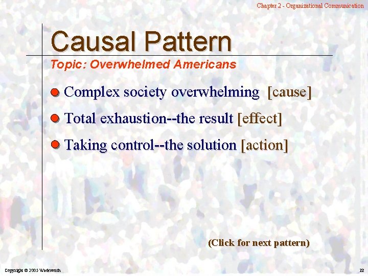 Chapter 2 - Organizational Communication Causal Pattern Topic: Overwhelmed Americans Complex society overwhelming [cause]