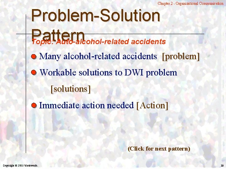 Chapter 2 - Organizational Communication Problem-Solution Pattern Topic: Auto-alcohol-related accidents Many alcohol-related accidents [problem]