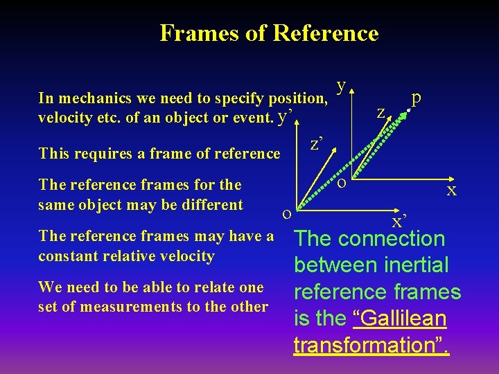 Frames of Reference In mechanics we need to specify position, velocity etc. of an