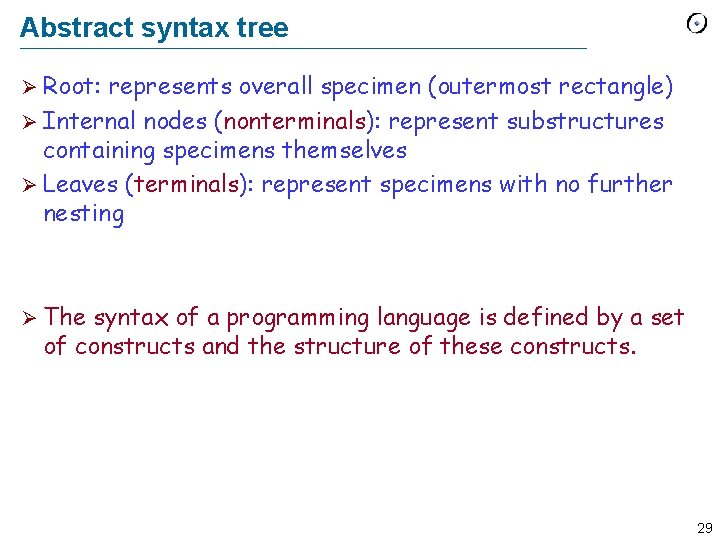 Abstract syntax tree Ø Root: represents overall specimen (outermost rectangle) Ø Internal nodes (nonterminals):