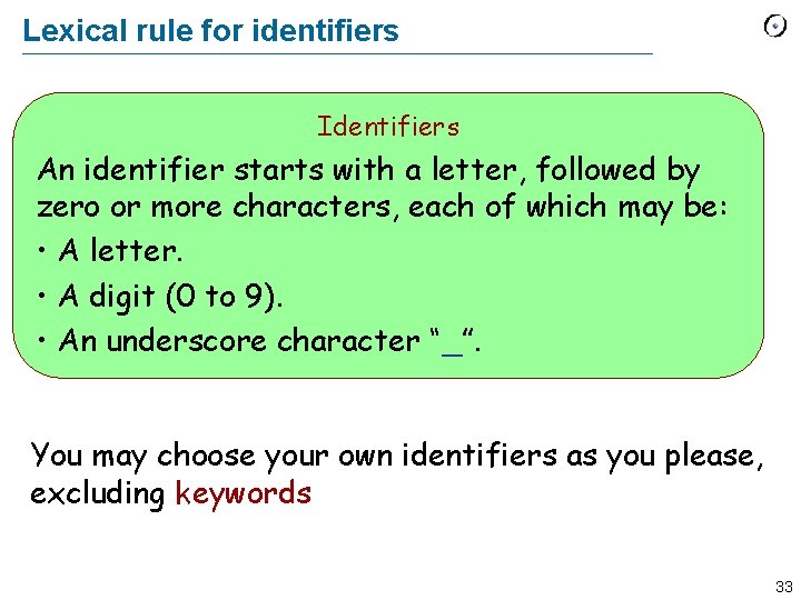 Lexical rule for identifiers Identifiers An identifier starts with a letter, followed by zero