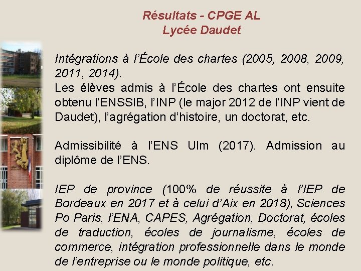 Résultats - CPGE AL Lycée Daudet Intégrations à l’École des chartes (2005, 2008, 2009,