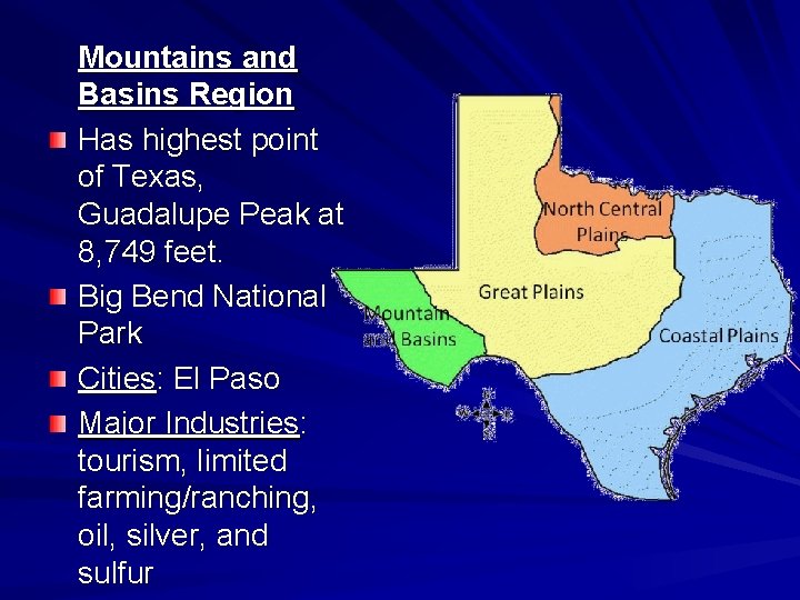 Mountains and Basins Region Has highest point of Texas, Guadalupe Peak at 8, 749