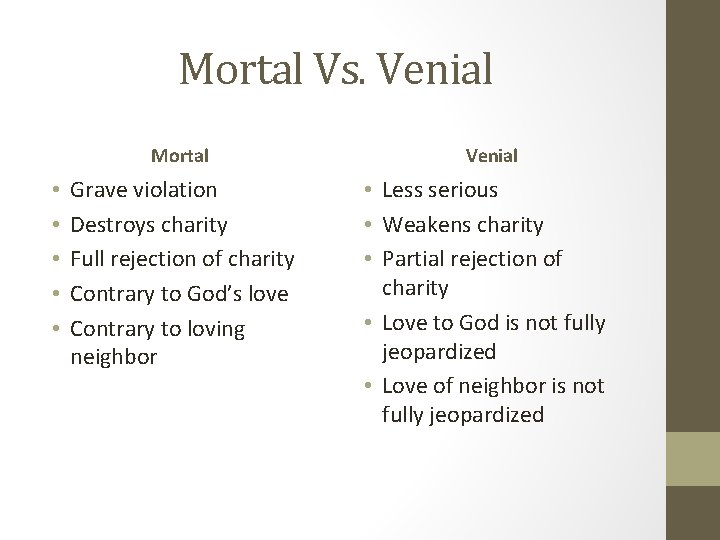 Mortal Vs. Venial Mortal • • • Grave violation Destroys charity Full rejection of