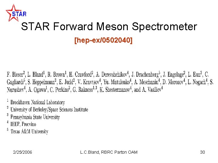 STAR Forward Meson Spectrometer [hep-ex/0502040] 2/25/2006 L. C. Bland, RBRC Parton OAM 30 