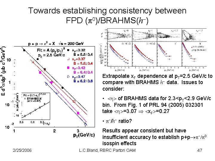 Towards establishing consistency between FPD ( )/BRAHMS(h ) Extrapolate x. F dependence at p.