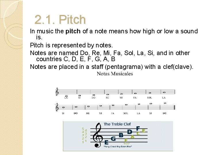 2. 1. Pitch In music the pitch of a note means how high or