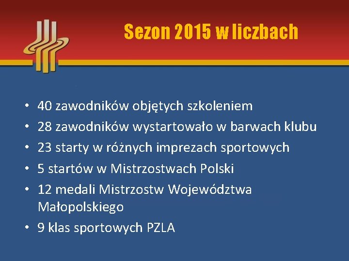 Sezon 2015 w liczbach 40 zawodników objętych szkoleniem 28 zawodników wystartowało w barwach klubu