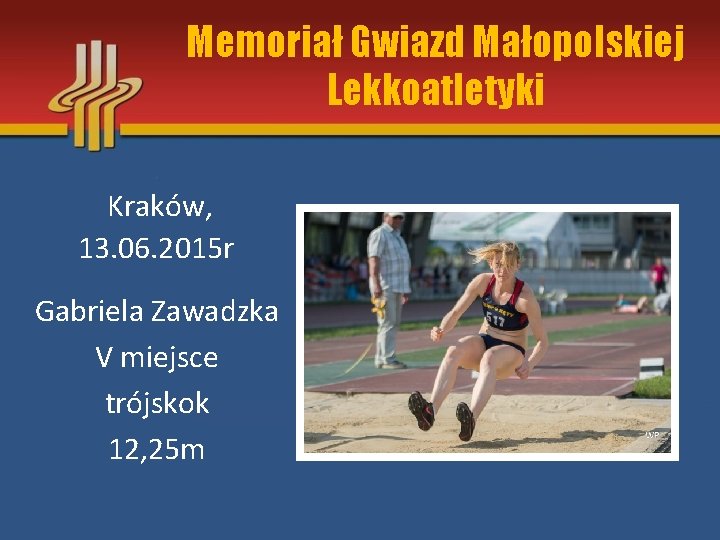 Memoriał Gwiazd Małopolskiej Lekkoatletyki Kraków, 13. 06. 2015 r Gabriela Zawadzka V miejsce trójskok