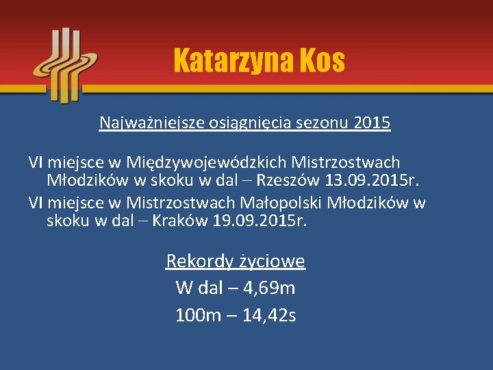 Katarzyna Kos Najważniejsze osiągnięcia sezonu 2015 VI miejsce w Międzywojewódzkich Mistrzostwach Młodzików w skoku