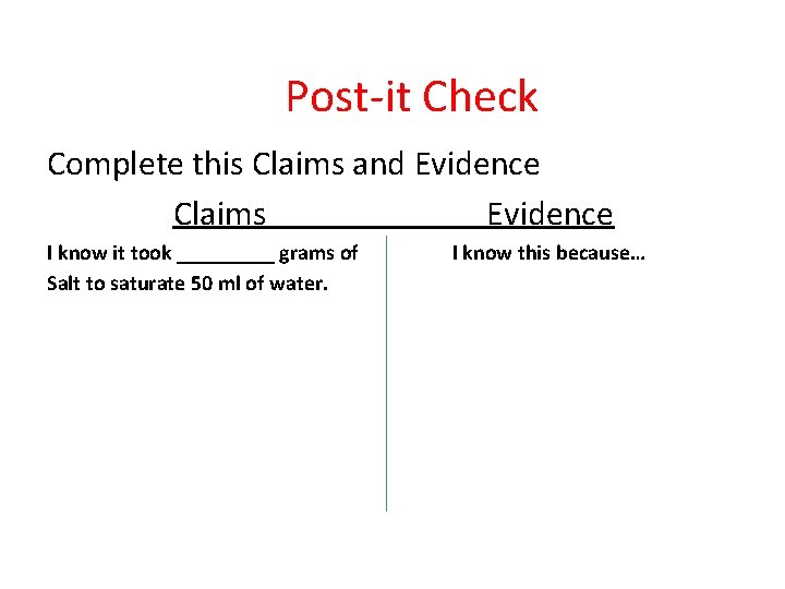 Post-it Check Complete this Claims and Evidence Claims Evidence I know it took _____