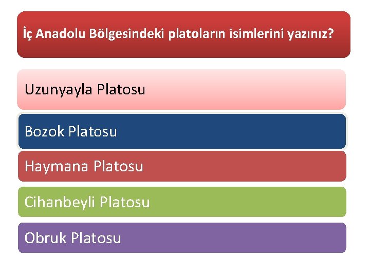 İç Anadolu Bölgesindeki platoların isimlerini yazınız? Uzunyayla Platosu Bozok Platosu Haymana Platosu Cihanbeyli Platosu