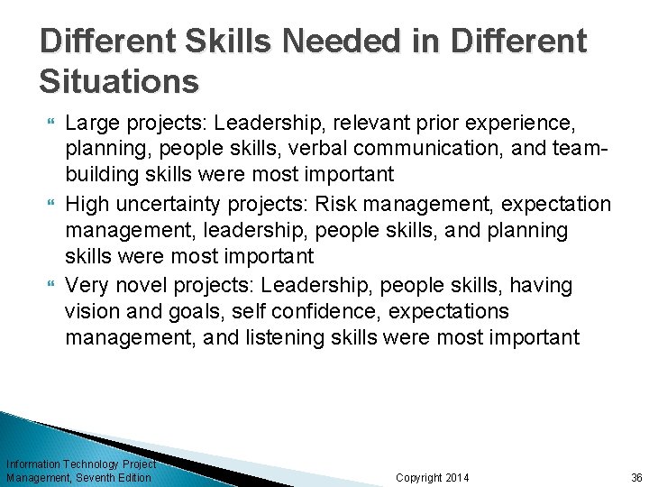 Different Skills Needed in Different Situations Large projects: Leadership, relevant prior experience, planning, people