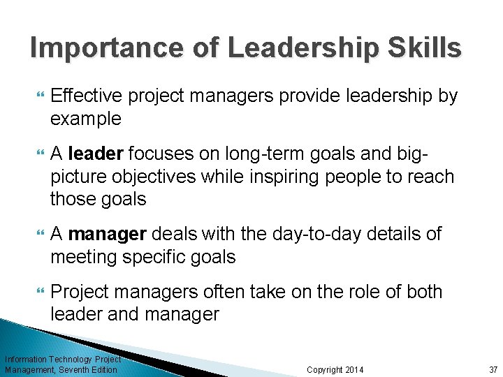 Importance of Leadership Skills Effective project managers provide leadership by example A leader focuses