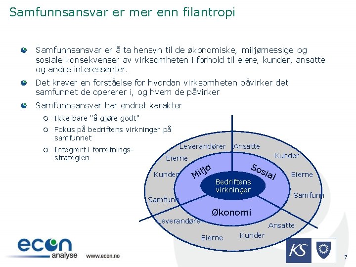 Samfunnsansvar er mer enn filantropi Samfunnsansvar er å ta hensyn til de økonomiske, miljømessige