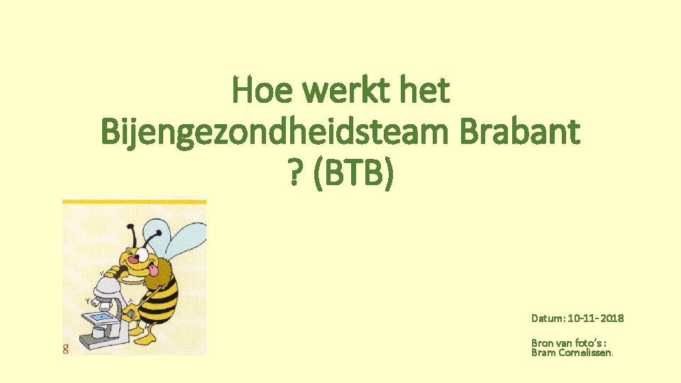 Hoe werkt het Bijengezondheidsteam Brabant ? (BTB) Datum: 10 -11 - 2018 Bron van