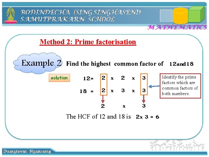 Method 2: Prime factorisation Example 2 Find the highest common factor of 12 and