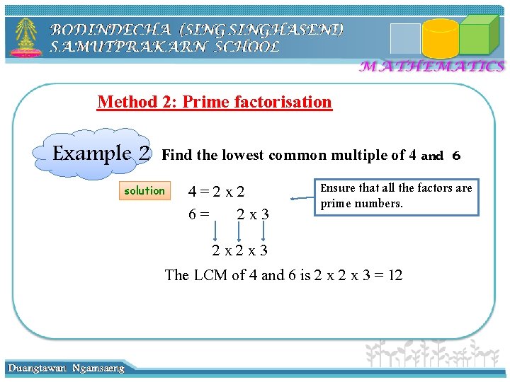 Method 2: Prime factorisation Example 2 Find the lowest common multiple of 4 and