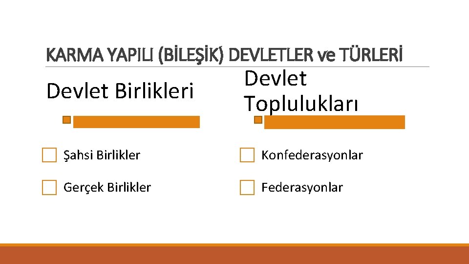 KARMA YAPILI (BİLEŞİK) DEVLETLER ve TÜRLERİ Devlet Birlikleri Devlet Toplulukları Şahsi Birlikler Konfederasyonlar Gerçek