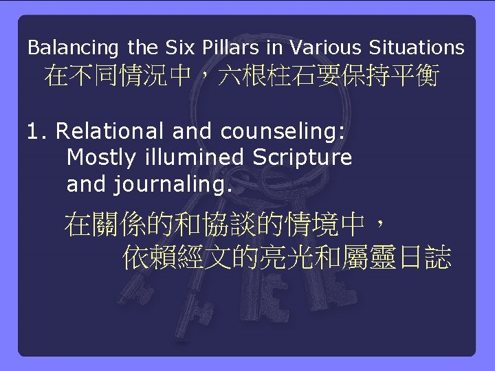 Balancing the Six Pillars in Various Situations 在不同情況中，六根柱石要保持平衡 1. Relational and counseling: Mostly illumined