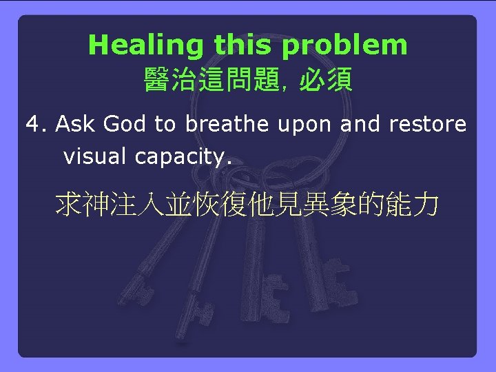 Healing this problem 醫治這問題，必須 4. Ask God to breathe upon and restore visual capacity.