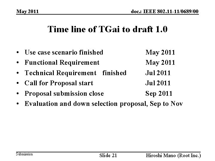 doc. : IEEE 802. 11 -11/0689/00 May 2011 Time line of TGai to draft