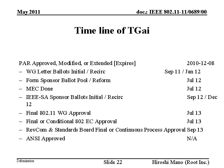 doc. : IEEE 802. 11 -11/0689/00 May 2011 Time line of TGai PAR Approved,