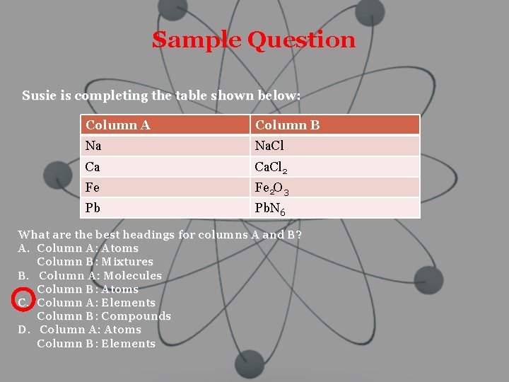 Sample Question Susie is completing the table shown below: Column A Column B Na