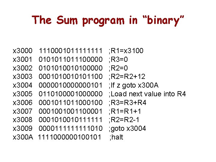 The Sum program in “binary” x 3000 x 3001 x 3002 x 3003 x