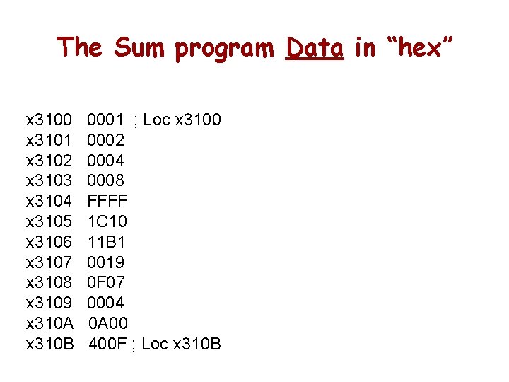 The Sum program Data in “hex” x 3100 x 3101 x 3102 x 3103