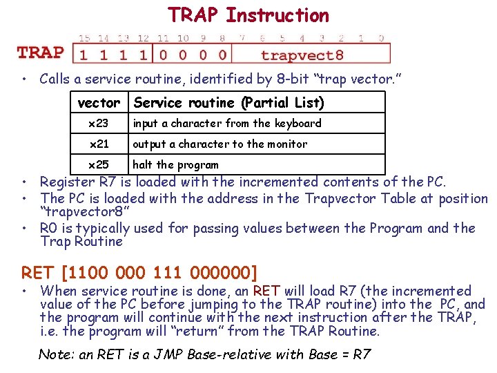 TRAP Instruction • Calls a service routine, identified by 8 -bit “trap vector. ”