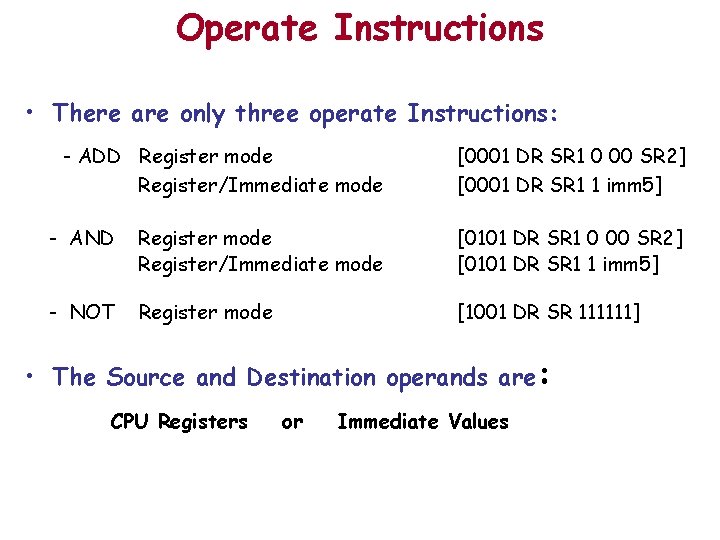 Operate Instructions • There are only three operate Instructions: - ADD Register mode Register/Immediate