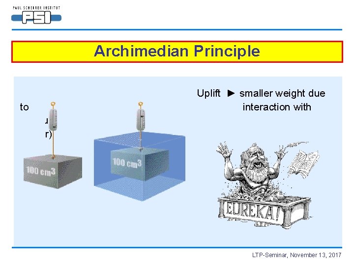 Archimedian Principle to medium (water) Uplift ► smaller weight due interaction with LTP-Seminar, November
