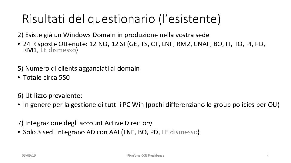 Risultati del questionario (l’esistente) 2) Esiste già un Windows Domain in produzione nella vostra