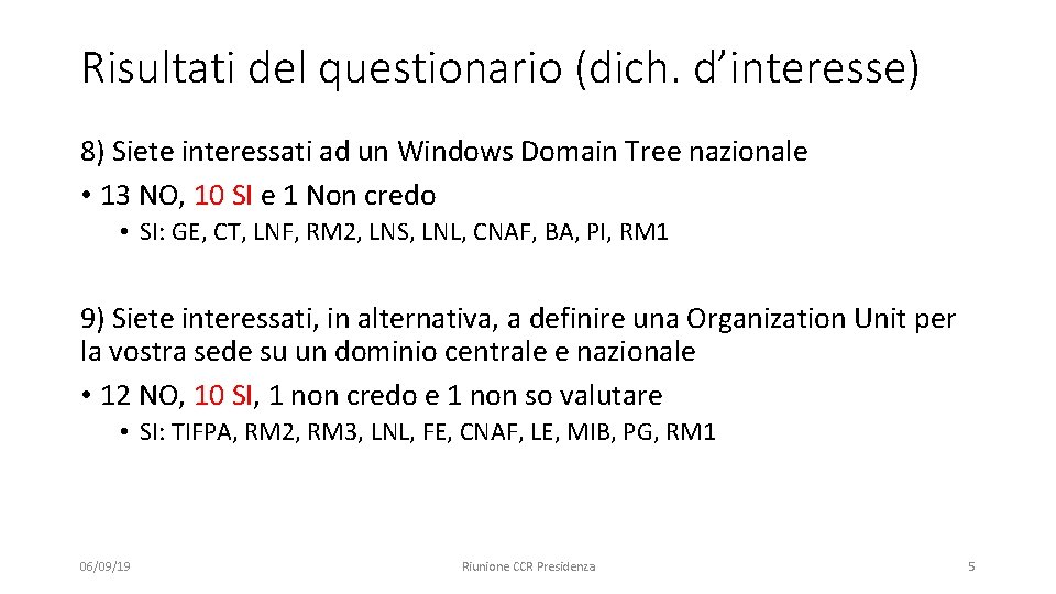 Risultati del questionario (dich. d’interesse) 8) Siete interessati ad un Windows Domain Tree nazionale